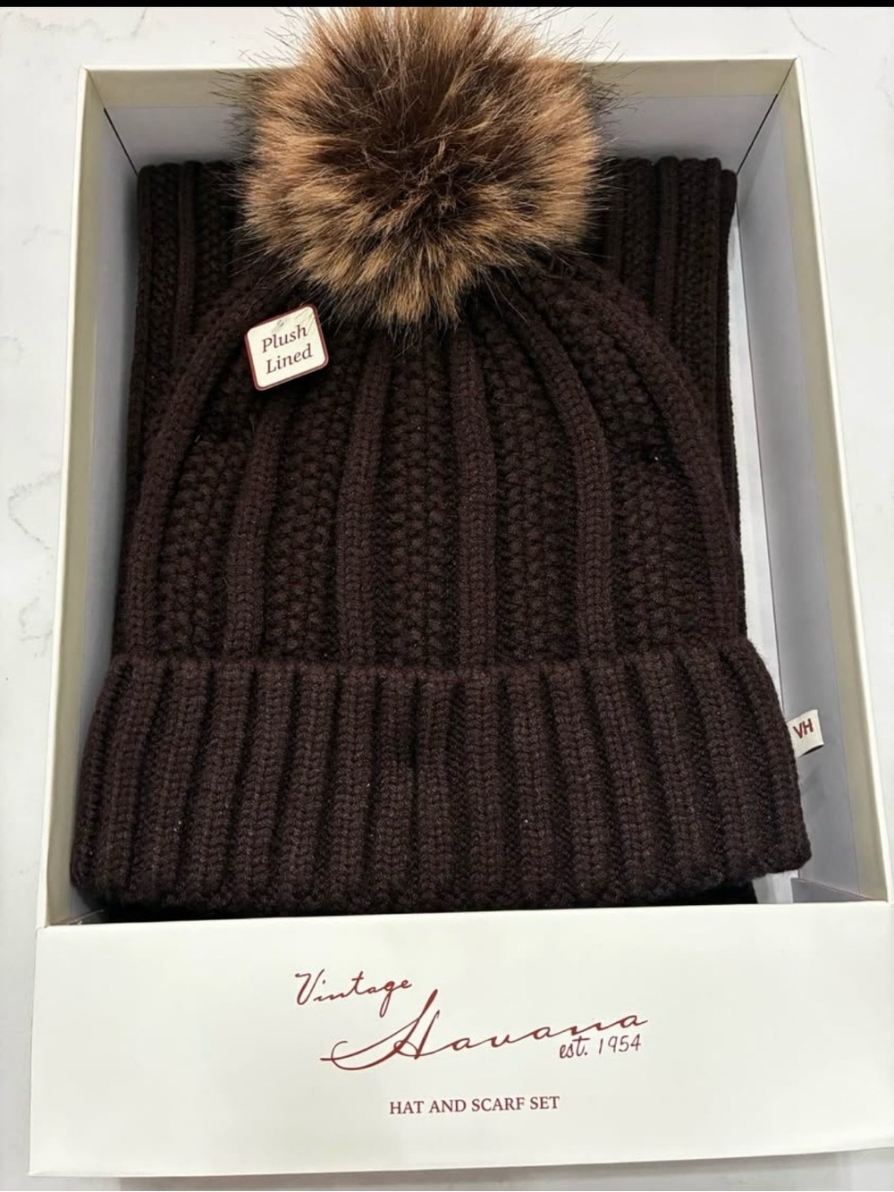 T.J.Maxx Kids Brown Ribbed Knit Beanie with Faux Fur Pom